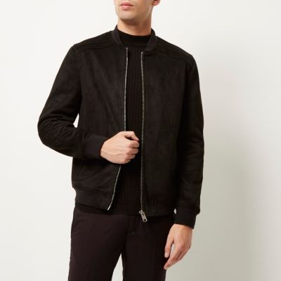 Black faux suede bomber jacket